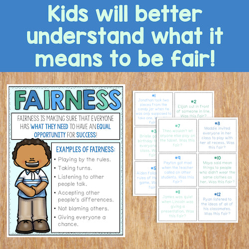 Educational material on fairness for children with text and illustrations on a wooden surface.