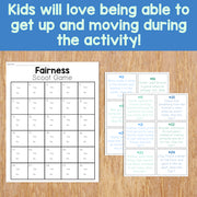 Fairness Scoot Game with answer cards on a wooden surface