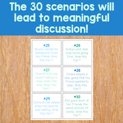 Set of cards with scenarios on a wooden surface and blue background