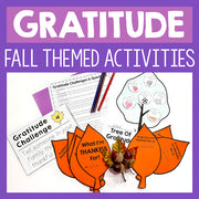 Fall-themed gratitude activities with leaves and a tree on a purple background