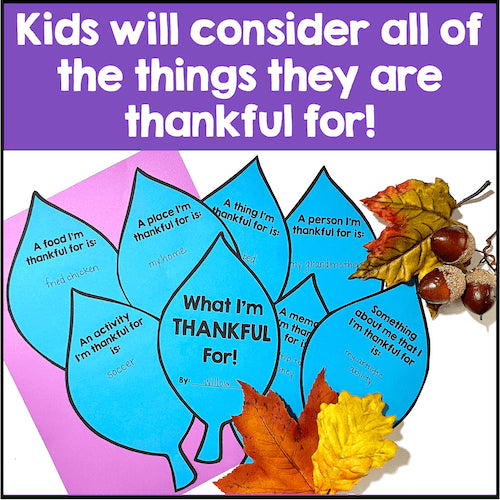 Thankful leaf activity sheet with autumn leaves on a purple background