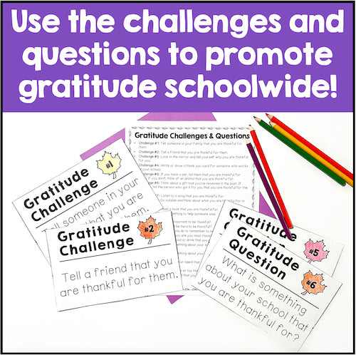 Gratitude challenge cards with colorful pencils on a white background
