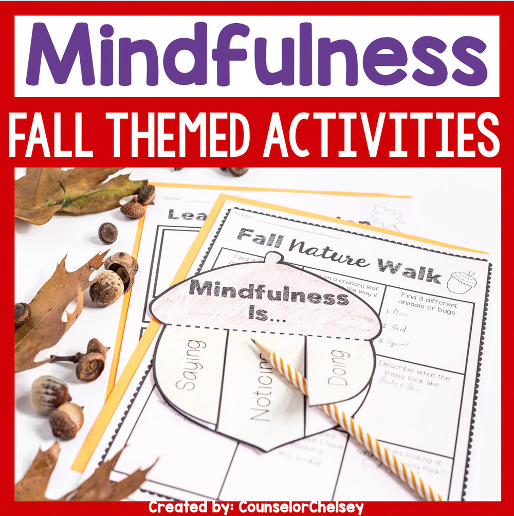 Mindfulness activities for fall with nature-themed elements and text overlay.