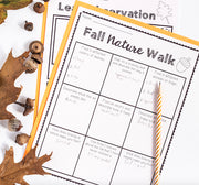 Fall nature walk worksheet with leaves and pencils on a white background