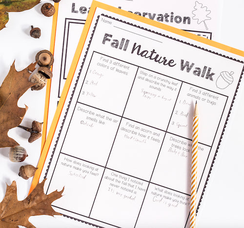 Fall nature walk worksheet with leaves and pencils on a white background