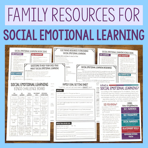 Collection of educational posters on a wooden board with text about family resources for social emotional learning.