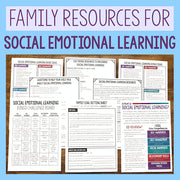 Collection of educational posters on a wooden board with text about family resources for social emotional learning.