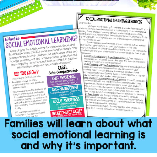 Educational materials about social emotional learning with text and colorful headers.
