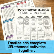 Social Emotional Learning Bingo Challenge Board on a wooden surface with text overlay.