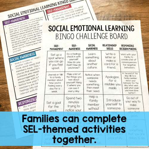 Social Emotional Learning Bingo Challenge Board on a wooden surface with text overlay.