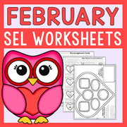 February SEL worksheets with a pink owl on a red background