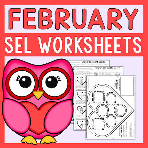February SEL worksheets with a pink owl on a red background