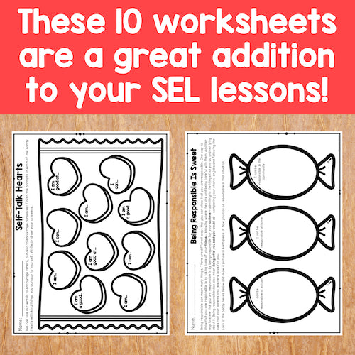 Two worksheets on a wooden surface with text about their use in SEL lessons.