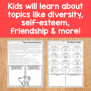 Educational materials on a wooden surface with text about learning topics like diversity, self-esteem, and friendship.