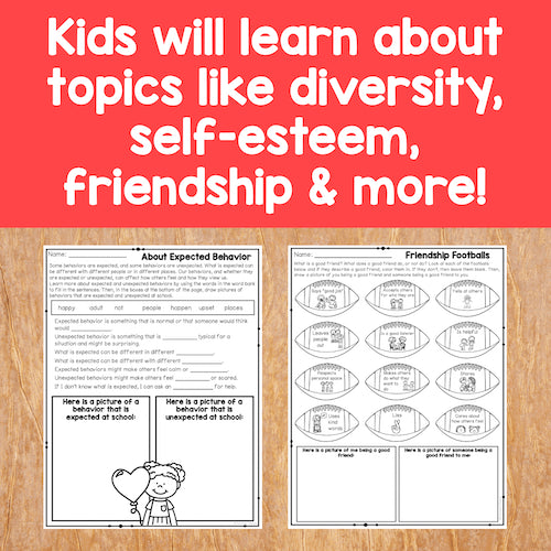 Educational materials on a wooden surface with text about learning topics like diversity, self-esteem, and friendship.
