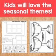 Two educational worksheets on a wooden surface with text about seasonal themes.