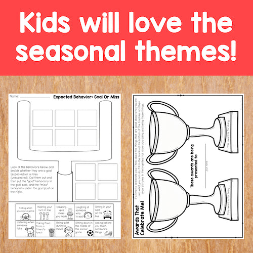 Two educational worksheets on a wooden surface with text about seasonal themes.