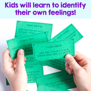 Green cards with text held by hands on a white background, promoting emotional awareness.