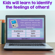 Laptop screen displaying a question about Olivia's feelings with a purple background, surrounded by books.