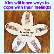 Flower-shaped educational tool for teaching children about managing their feelings on a wooden surface.