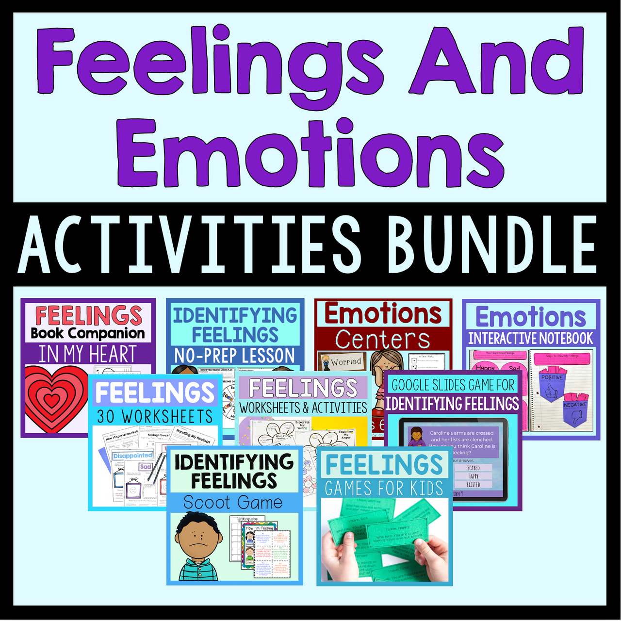 Collection of educational materials on feelings and emotions with various activities and worksheets.
