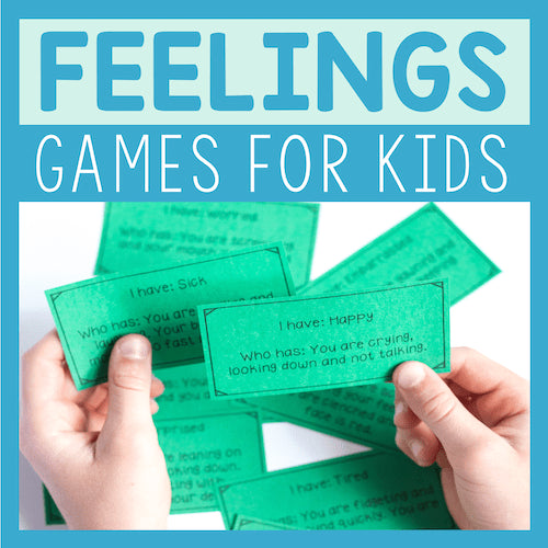 Green cards with text held by hands against a blue background with 'Feelings Games for Kids' text.