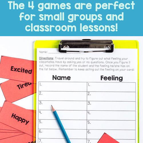 Clipboard with a worksheet titled 'Feelings' and colorful cards labeled 'Excited', 'Happy', and 'Tired' on a blue background.