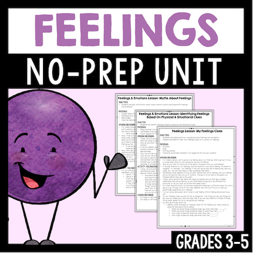 Cover of a 'Feelings No-Prep Unit' for grades 3-5 with a purple character and lesson plans.