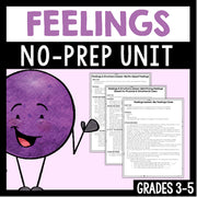 Cover of a 'Feelings No-Prep Unit' for grades 3-5 with a purple character and lesson plans.