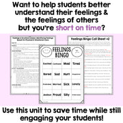 Educational materials for teaching feelings and emotions on a light purple background