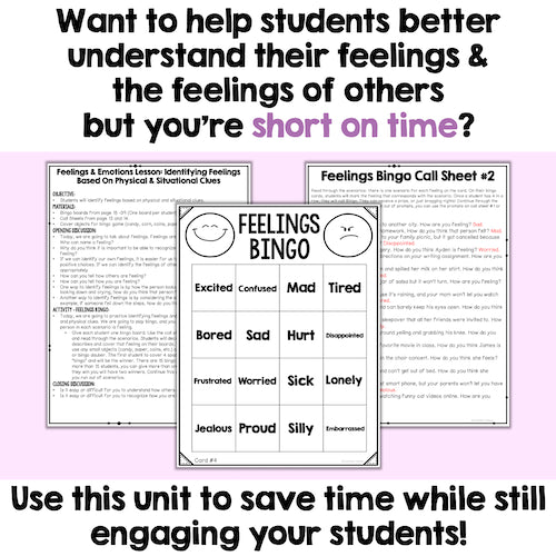 Educational materials for teaching feelings and emotions on a light purple background