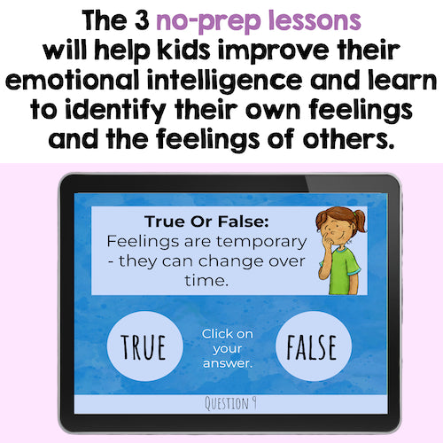 Educational app on a tablet screen with a question about emotions, on a light purple background.