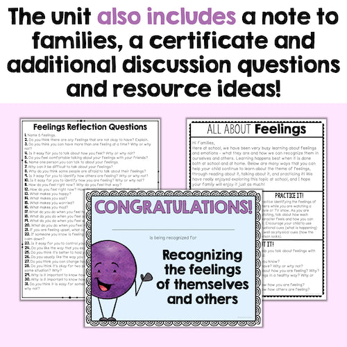 Educational materials on feelings with text and graphics on a purple background