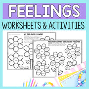 Feelings worksheets and activities with flower templates on a blue background