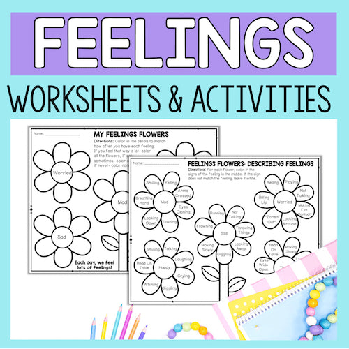 Feelings worksheets and activities with flower templates on a blue background