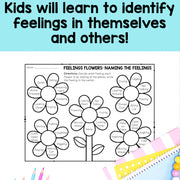 Feelings flowers worksheet for identifying emotions with colorful pencils on a blue background