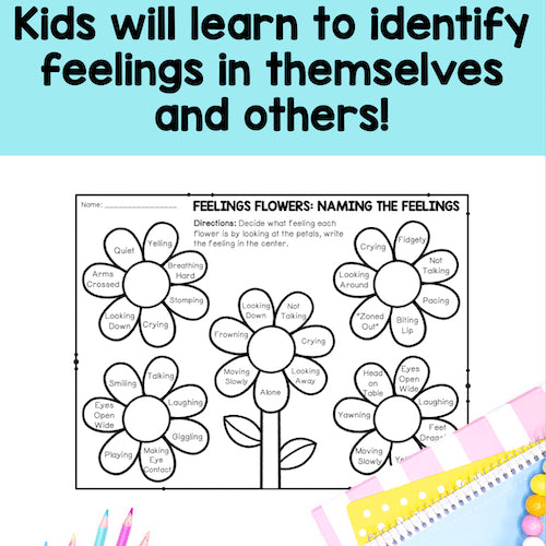 Feelings flowers worksheet for identifying emotions with colorful pencils on a blue background