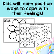 Educational materials for children with flower diagrams and text about coping skills.