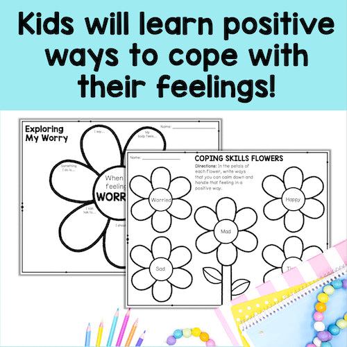 Educational materials for children with flower diagrams and text about coping skills.