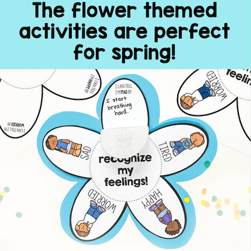 Flower-shaped educational tool for recognizing feelings with cartoon characters and text on a light blue background.