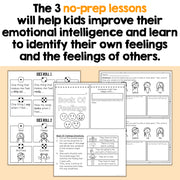 The 3 no-prep lessons will help kids improve their emotional intelligence and learn to identify their own feelings and the feelings of others.