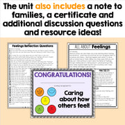 The unit also includes a note to families, a certificate, and additional discussion questions and resource ideas!