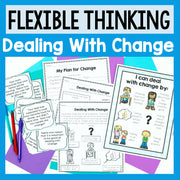 Educational materials on dealing with change with text 'Flexible Thinking: Dealing With Change' on a colorful background.