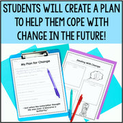 Educational materials for students to create a plan to cope with change, including worksheets and a pen on a colorful background.