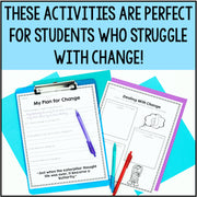 Educational materials on a blue background with text about activities for students who struggle with change.