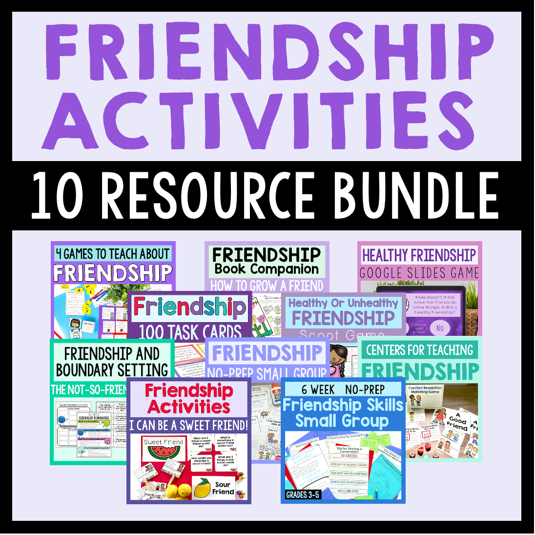 Collection of friendship activities resource bundle with colorful headers and images.