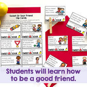 Educational clip cards for teaching students about being a good friend with illustrations and text.
