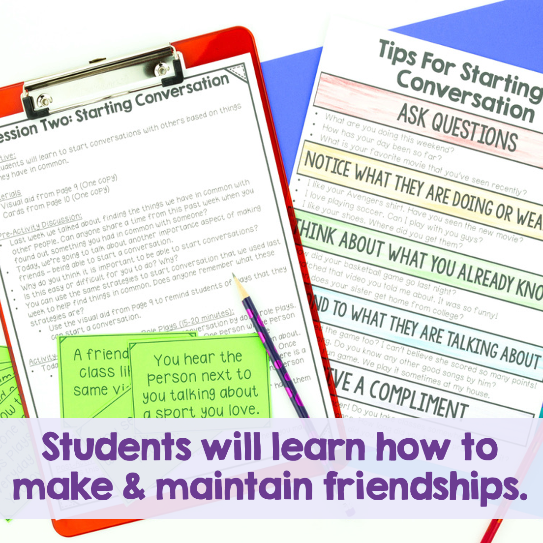 Educational materials on starting conversations with tips for students to make and maintain friendships.