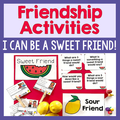 Educational materials for friendship activities with colorful graphics and text.