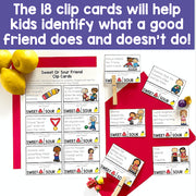 Sweet or Sour Friend Clip Cards educational material with illustrations and text on a red background.